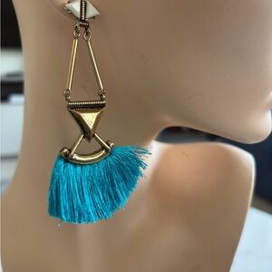 Boho Tassel Drop Earrings Turquoise Fringe Gold Tone Statement Dangle Festival